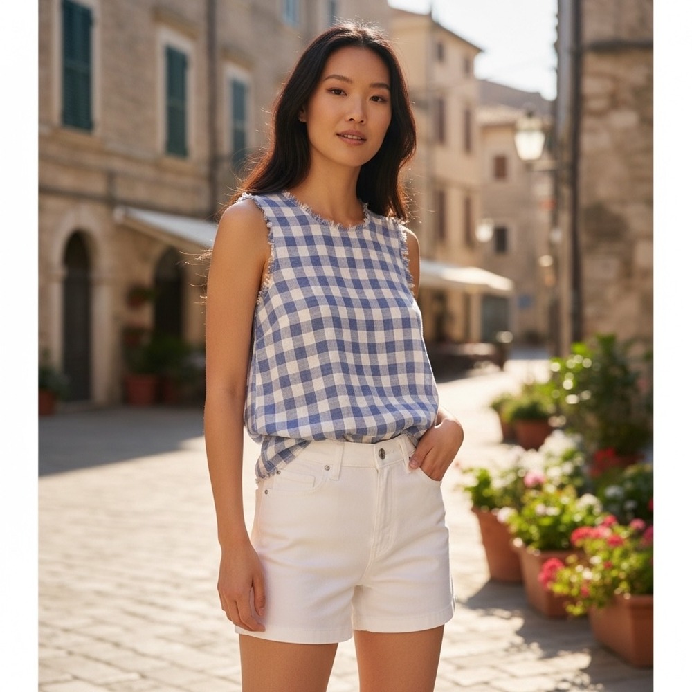 Cotton Bleu Blue Gingham Check Sleeveless Button Back Top‎ Frayed Hem Small